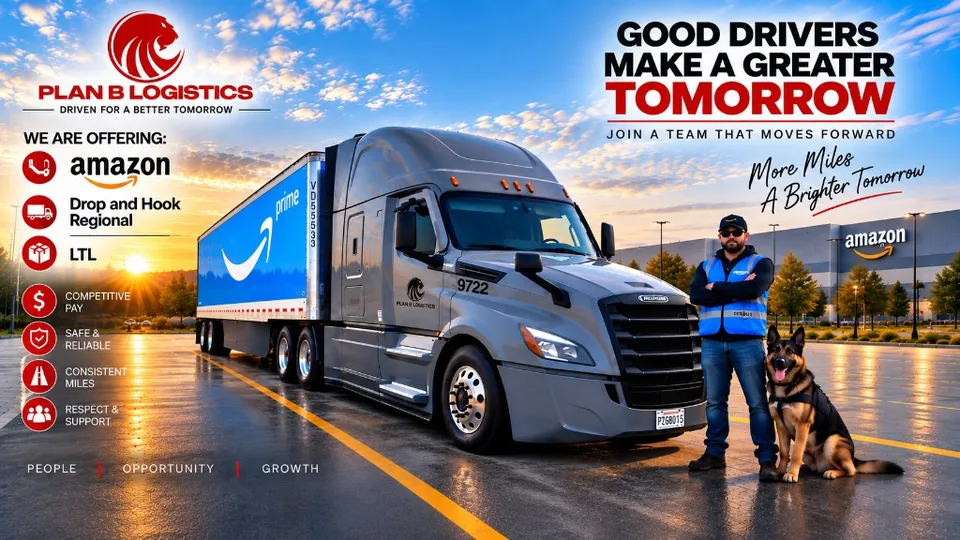 Plan B driver and dog beside a silver tractor and Amazon trailer at sunset