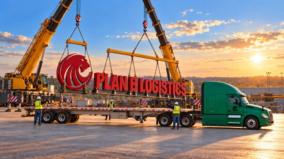 Crane crew lifting a red Plan B Logistics sign onto a flatbed beside a green tractor