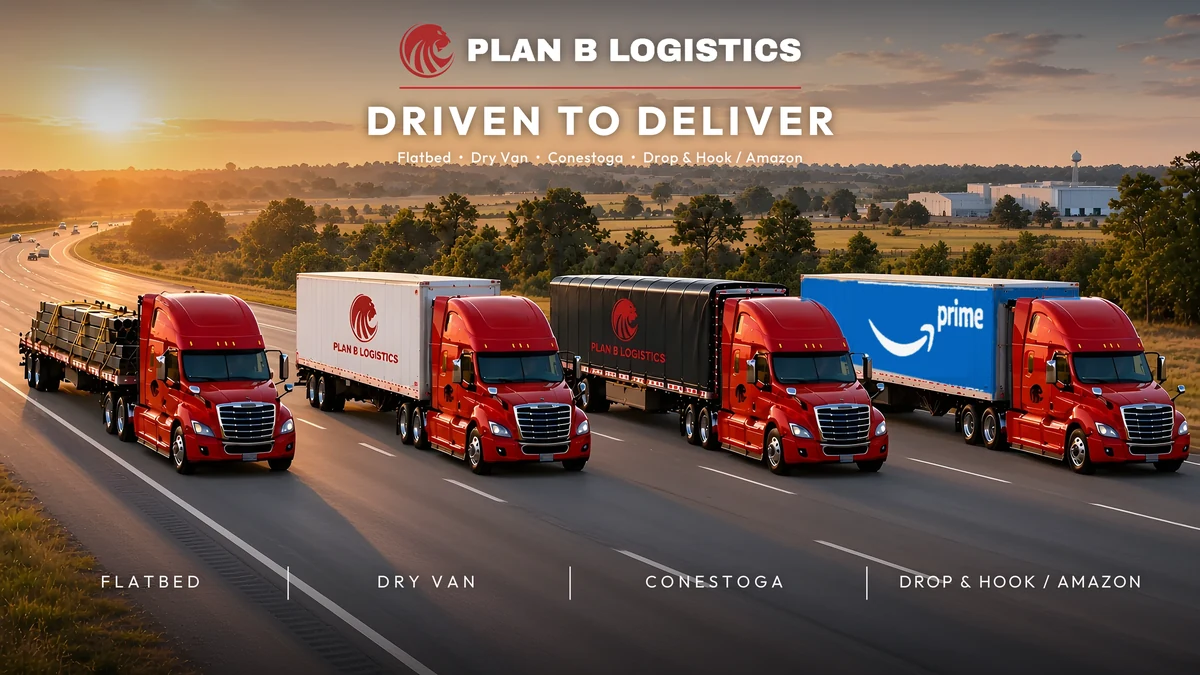 Four red Plan B Logistics trucks in a sunset highway lineup, hauling flatbed, dry van, Conestoga, and drop-and-hook freight