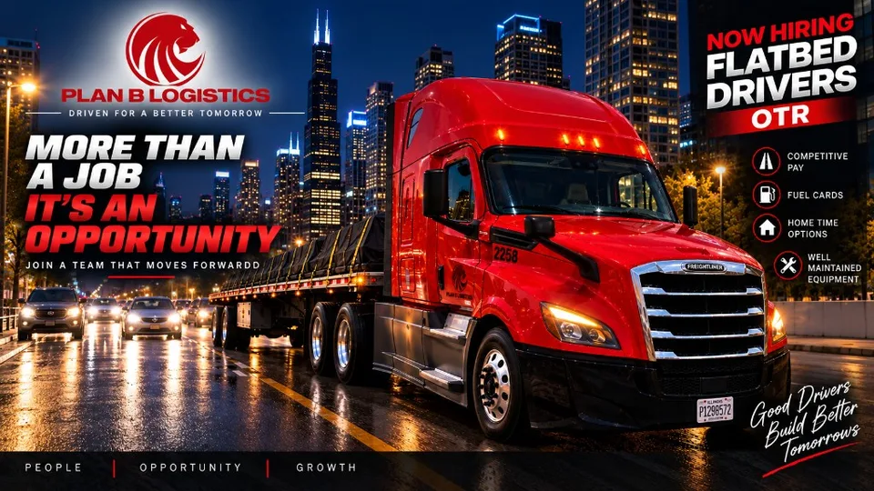 Red Plan B flatbed on a wet Chicago street at night