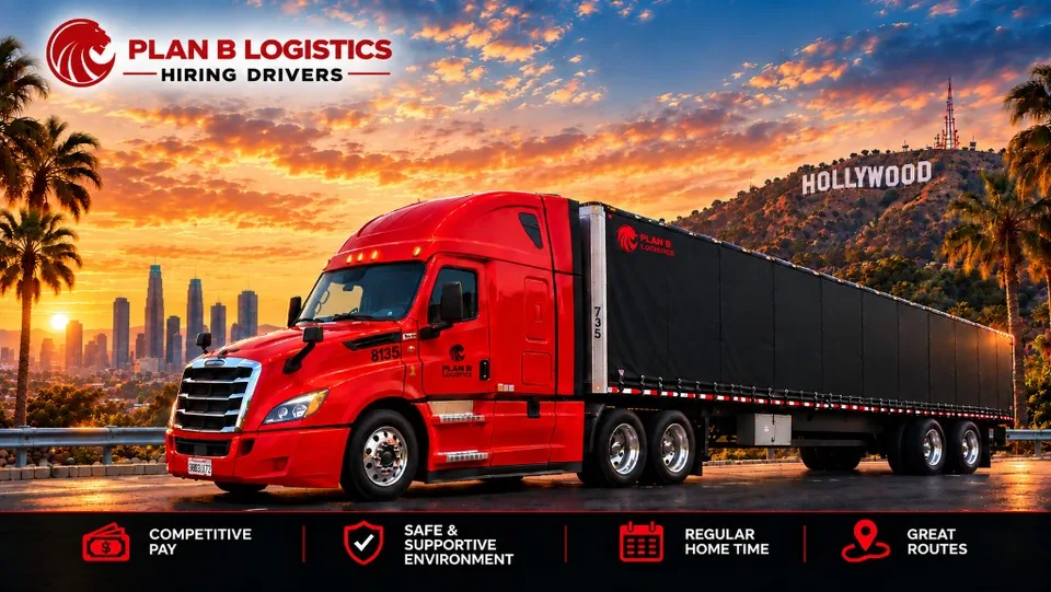 Red Plan B Logistics truck with the Hollywood sign behind it at sunset