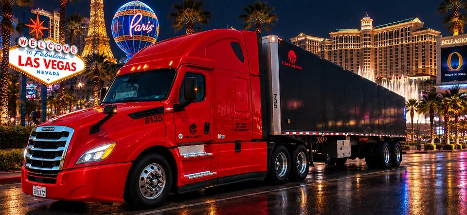 Red Plan B Logistics Cascadia at night in front of the Las Vegas strip