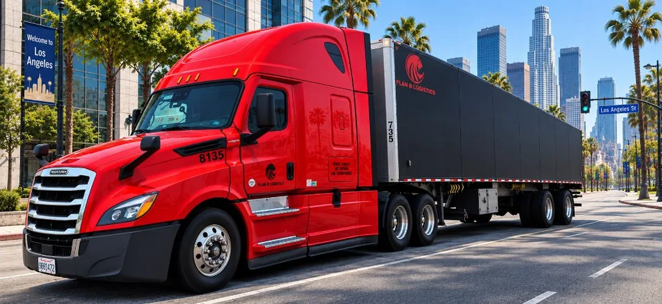 Red Plan B Logistics Cascadia with a black trailer on a Los Angeles street