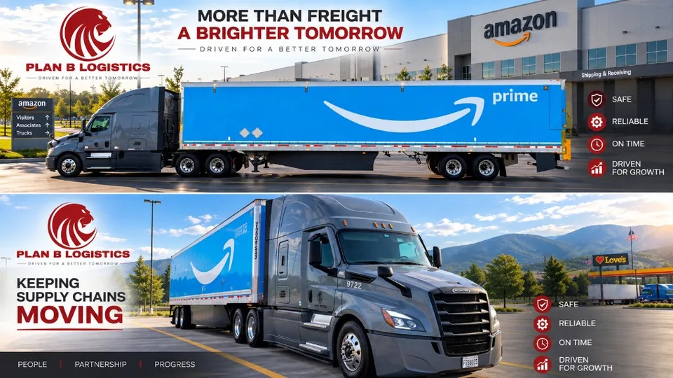 Plan B trucks with Amazon trailers at a fulfillment center and a truck stop